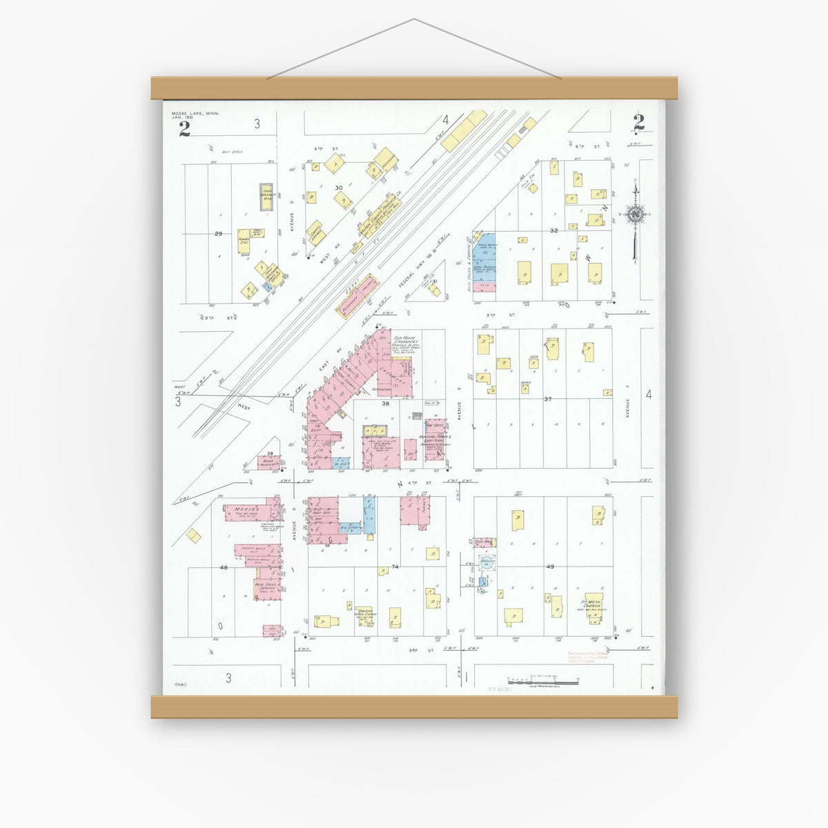 Old map wall art mockup — magnetic wood frame on white wall — Sanborn Fire Insurance Map from Moose Lake, Carlton County, Minnesota (1951), Sheet #0002