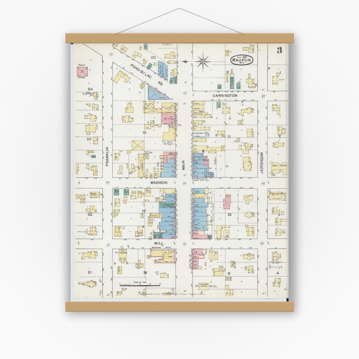 Old map wall art mockup — magnetic wood frame on white wall — Sanborn Fire Insurance Map from Waupun, Dodge and Fond du Lac Counties, Wisconsin (1892), Sheet #0003