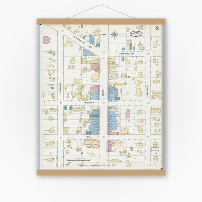 Old map wall art mockup — magnetic wood frame on white wall — Sanborn Fire Insurance Map from Waupun, Dodge and Fond du Lac Counties, Wisconsin (1892), Sheet #0003
