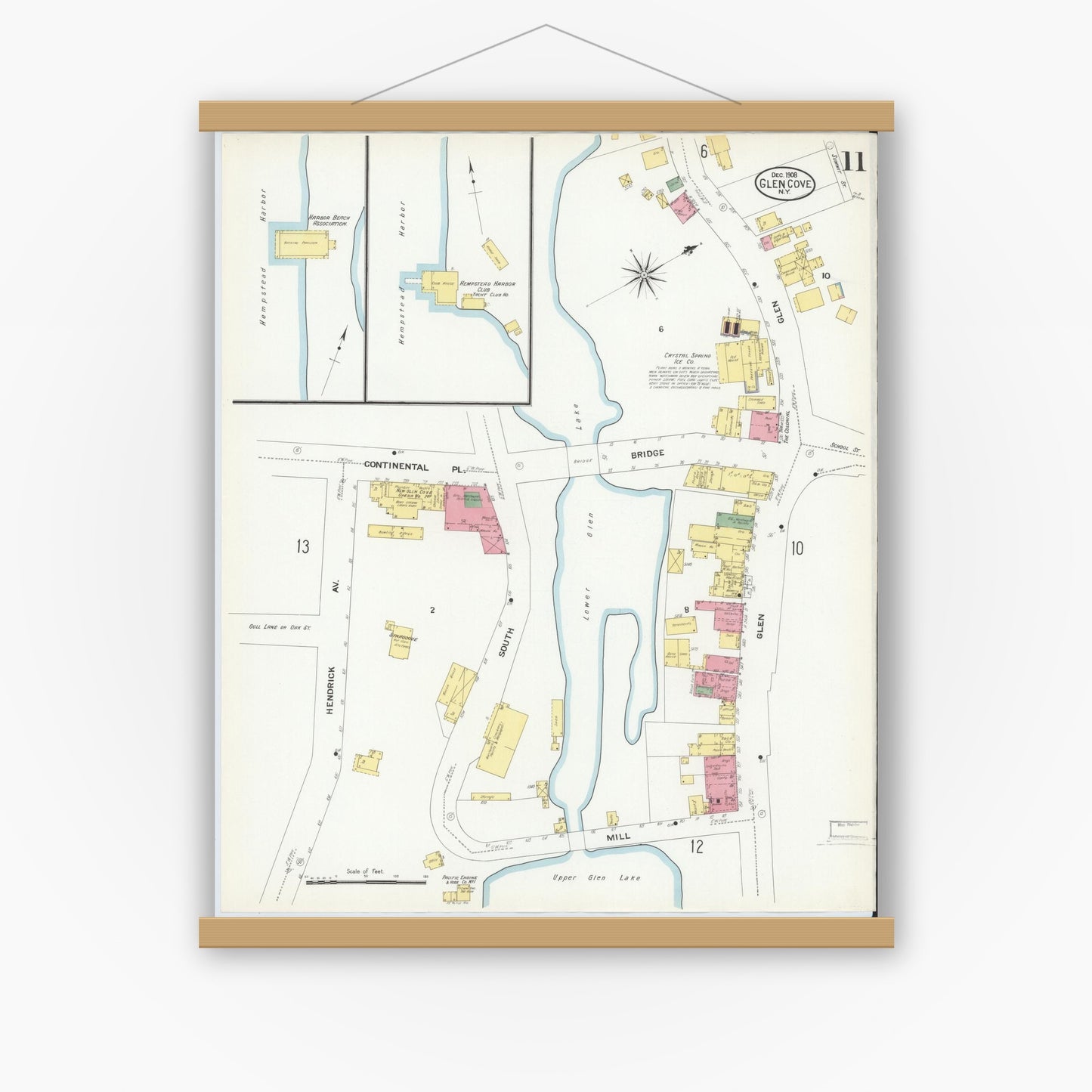 Old map wall art mockup — magnetic wood frame on white wall — Sanborn Fire Insurance Map from Glen Cove, Nassau County, New York (1908), Sheet #0011