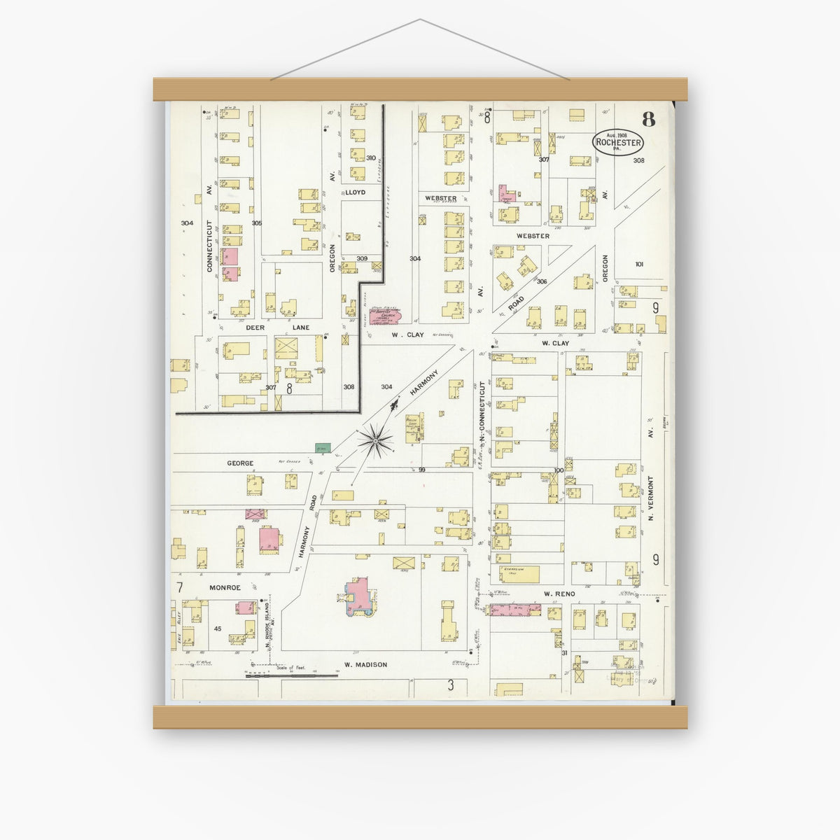 Old map wall art mockup — magnetic wood frame on white wall — Sanborn Fire Insurance Map from Rochester, Beaver County, Pennsylvania (1908), Sheet #0008
