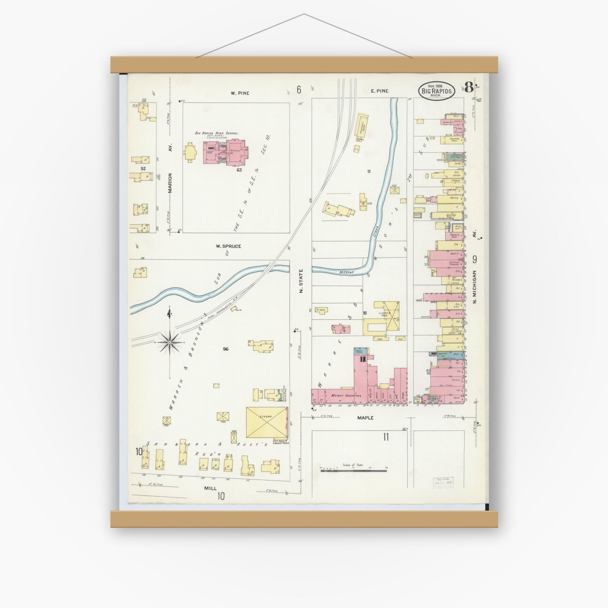 Old map wall art mockup — magnetic wood frame on white wall — Sanborn Fire Insurance Map from Big Rapids, Mecosta County, Michigan (1908), Sheet #0008