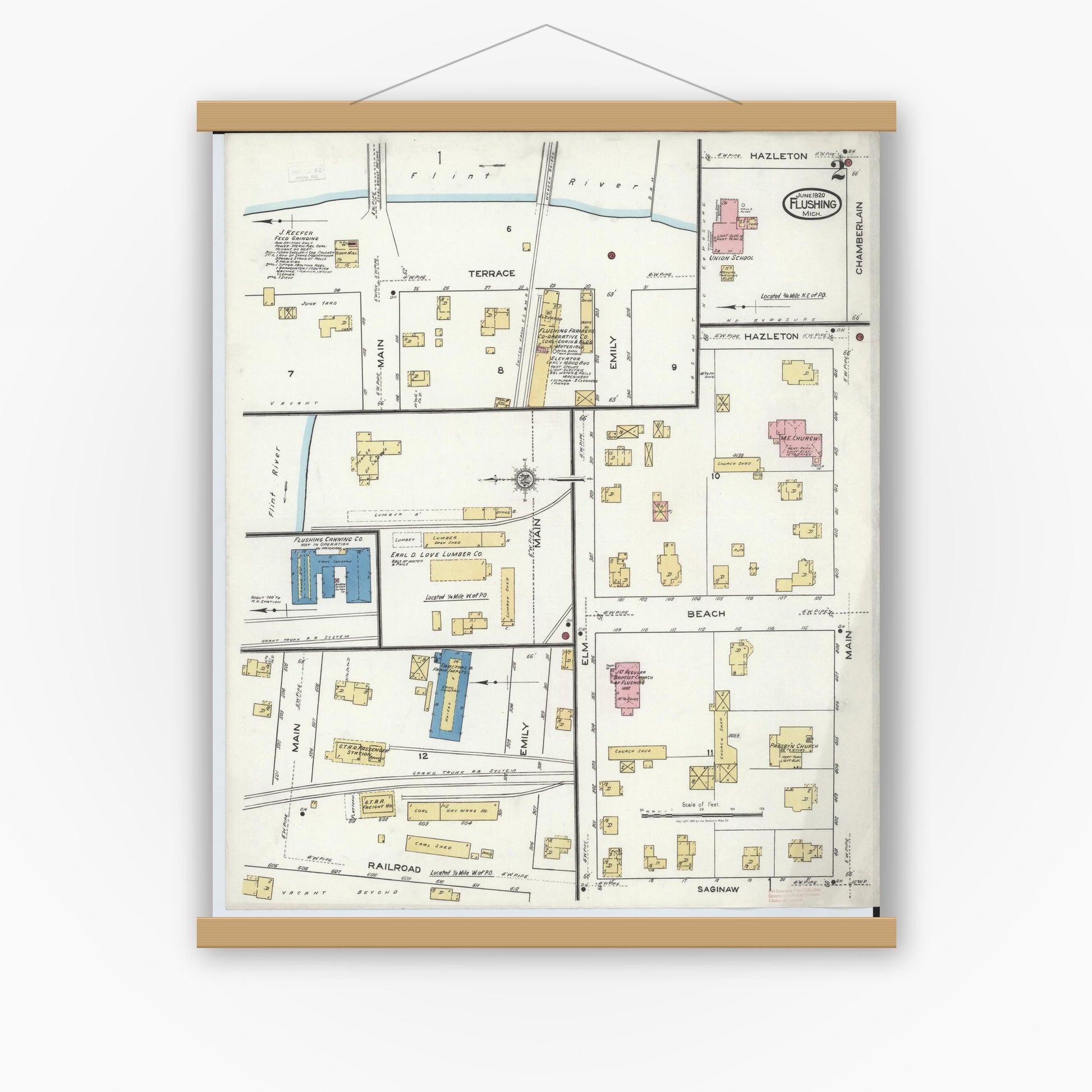 Old map wall art mockup — magnetic wood frame on white wall — Sanborn Fire Insurance Map from Flushing, Genesee County, Michigan (1920), Sheet #0002