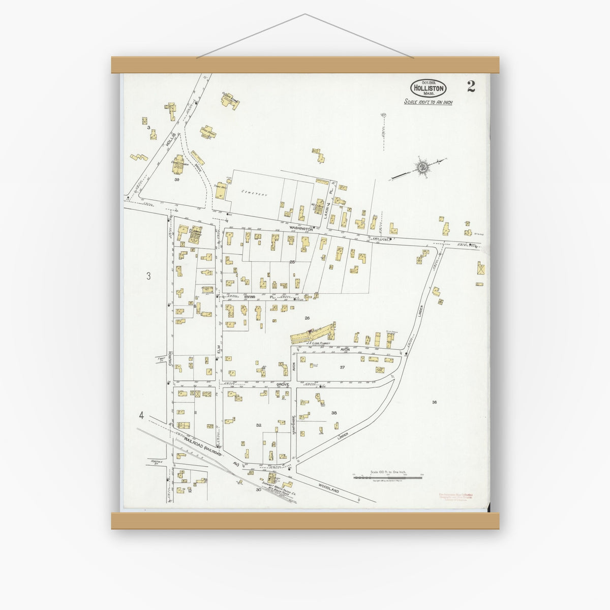 Old map wall art mockup — magnetic wood frame on white wall — Sanborn Fire Insurance Map from Holliston, Middlesex County, Massachusetts (1919), Sheet #0002