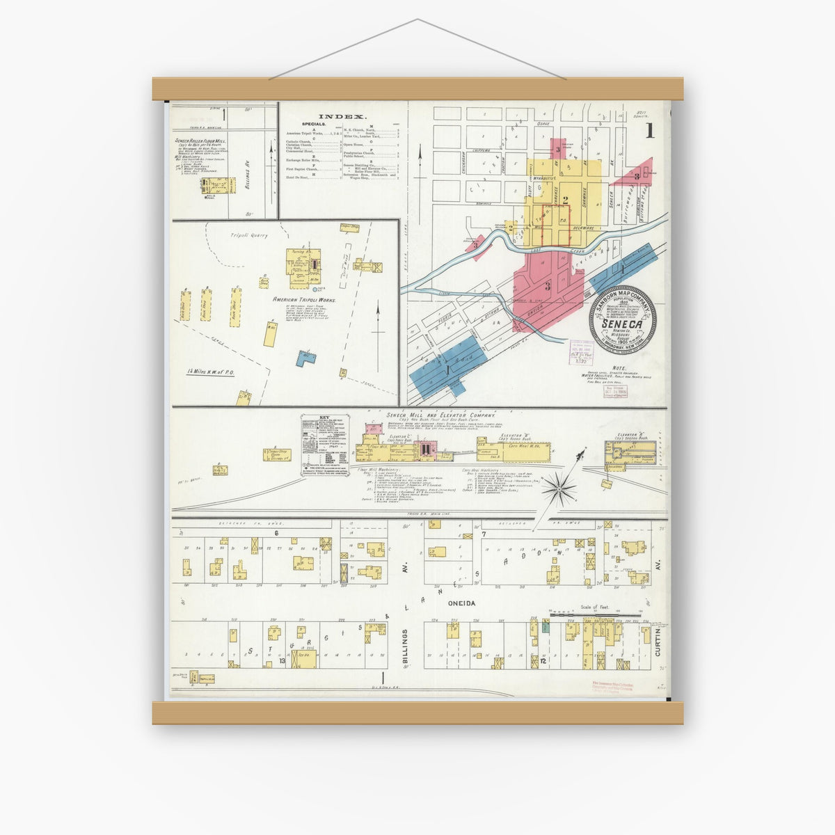 Old map wall art mockup — magnetic wood frame on white wall — Sanborn Fire Insurance Map from Seneca, Newton County, Missouri (1905) - Complete Map Set