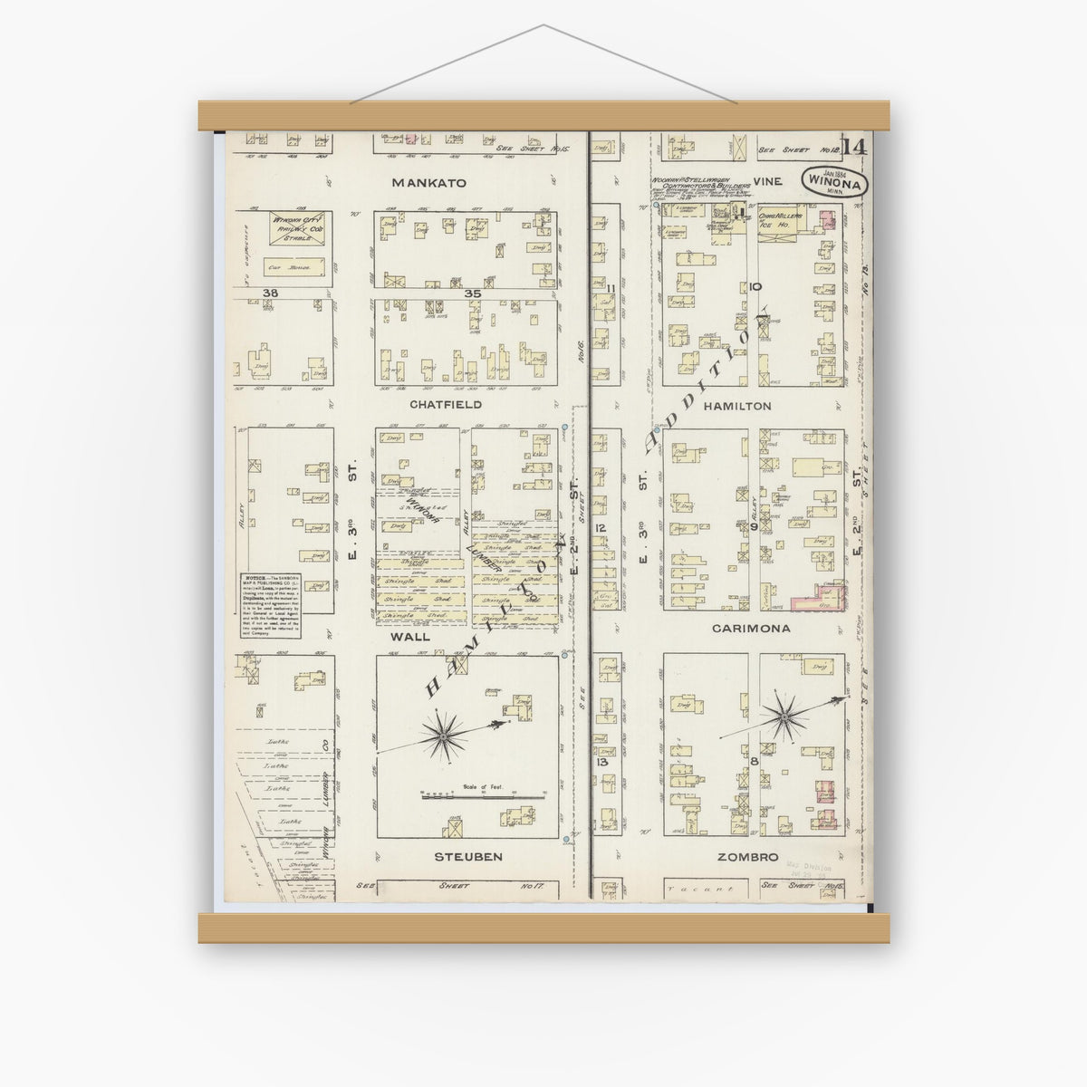 Old map wall art mockup — magnetic wood frame on white wall — Sanborn Fire Insurance Map from Winona, Winona County, Minnesota (1884), Sheet #0014