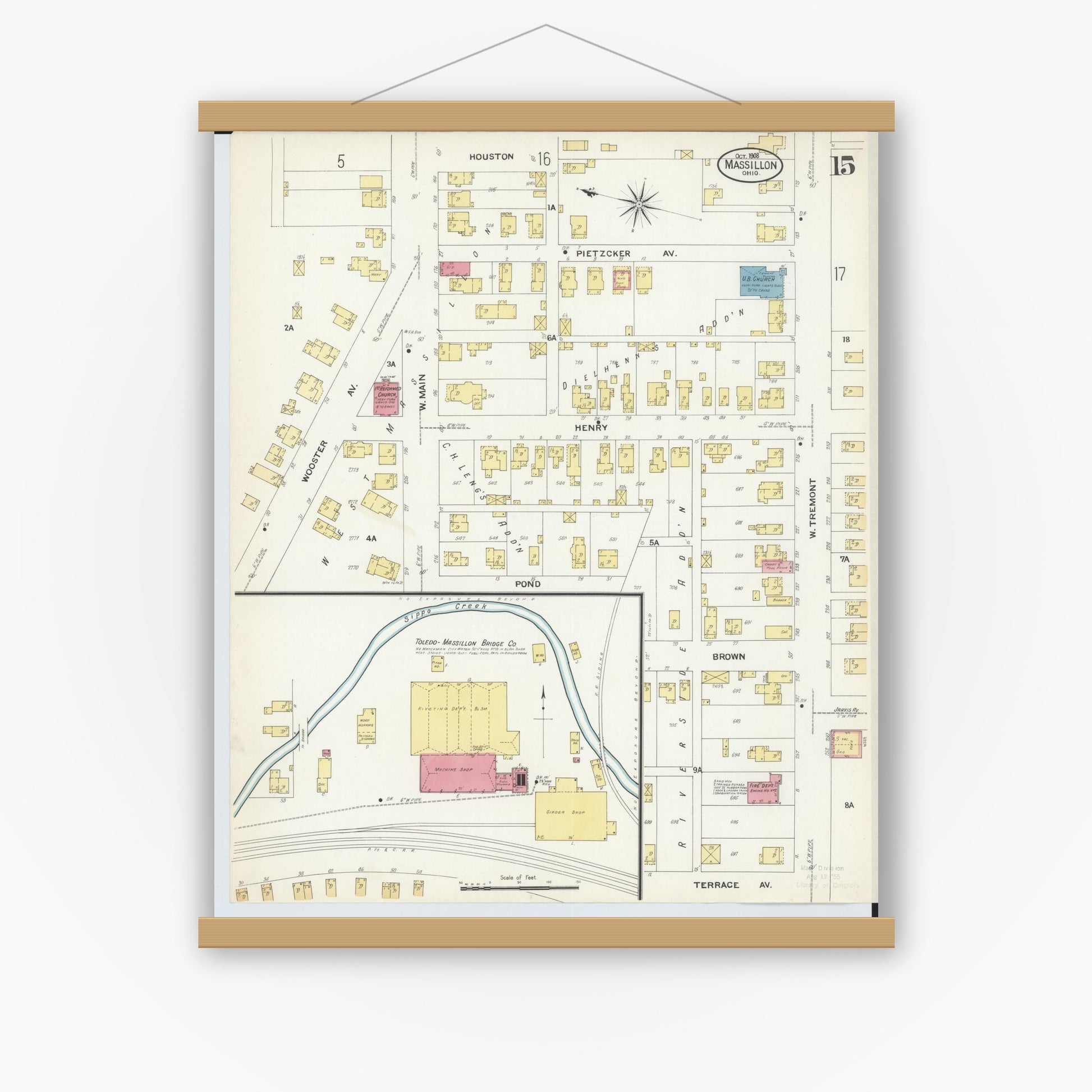 Old map wall art mockup — magnetic wood frame on white wall — Sanborn Fire Insurance Map from Massillon, Stark County, Ohio (1908), Sheet #0015