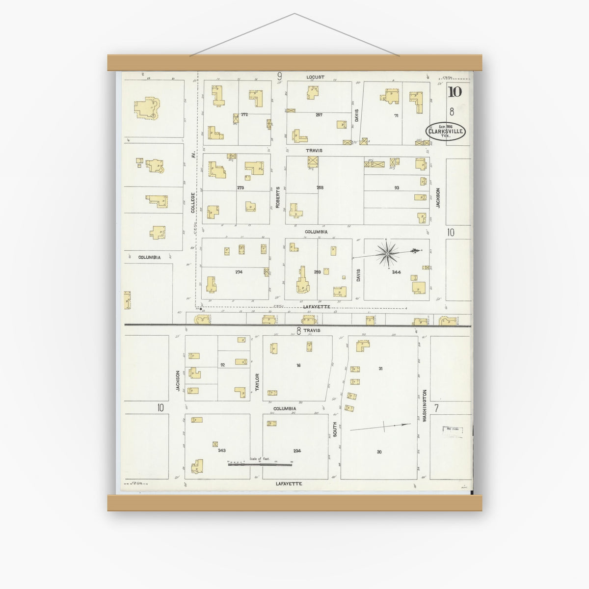 Old map wall art mockup — magnetic wood frame on white wall — Sanborn Fire Insurance Map from Clarksville, Red River County, Texas (1906), Sheet #0010