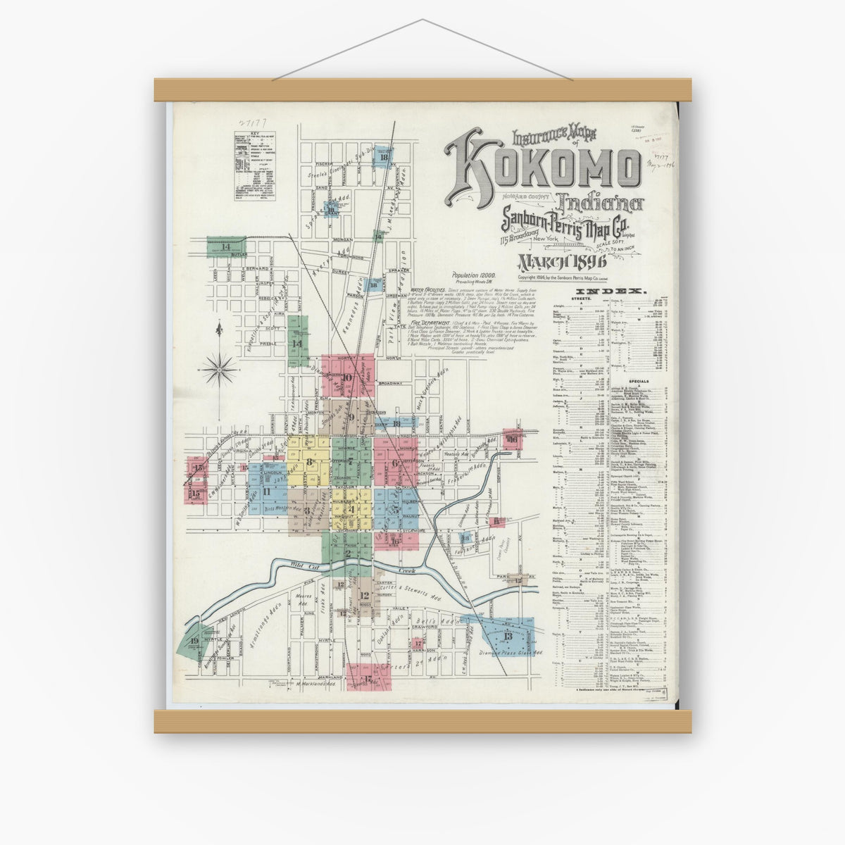 Old map wall art mockup — magnetic wood frame on white wall — Sanborn Fire Insurance Map from Kokomo, Howard County, Indiana (1896), Sheet #0001