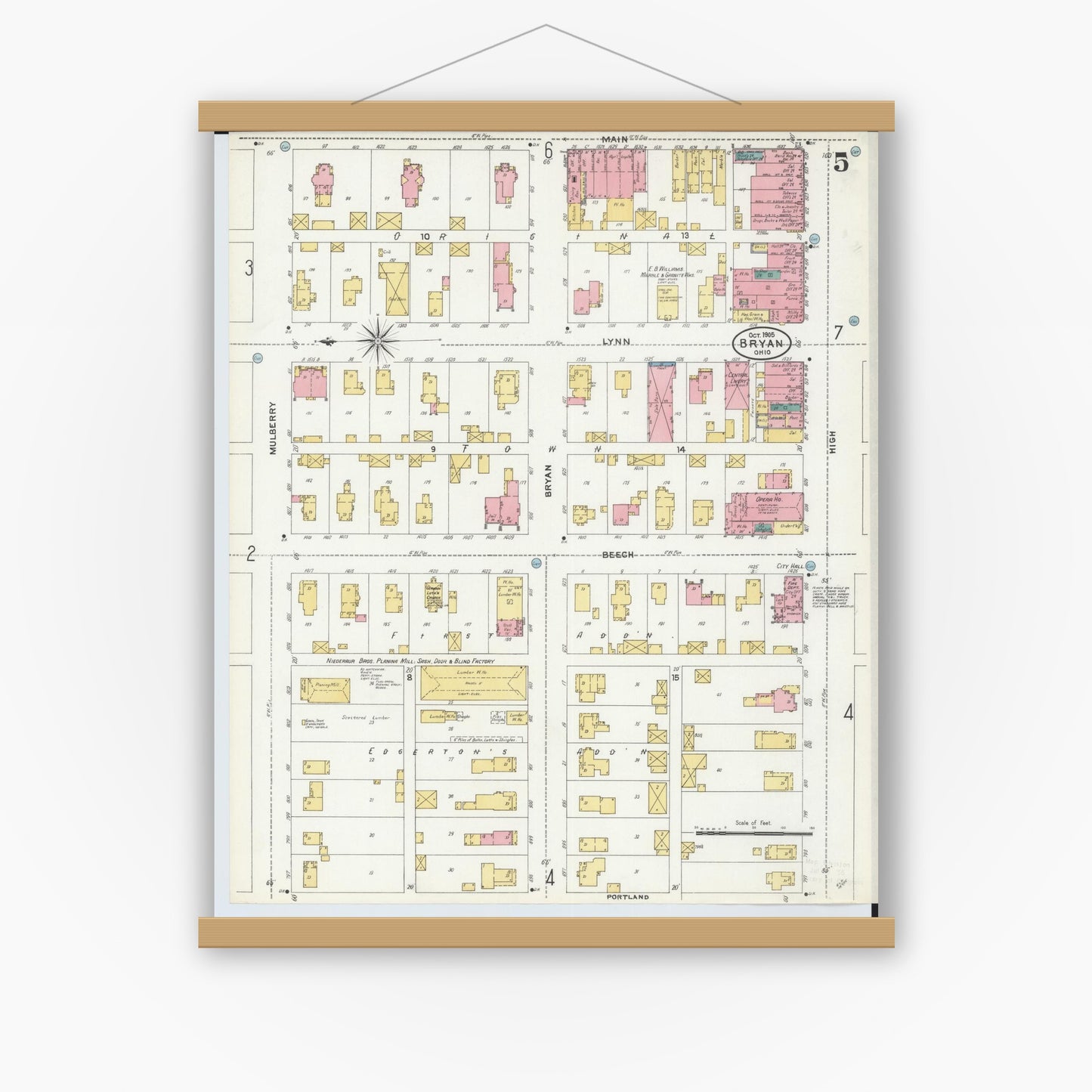 Old map wall art mockup — magnetic wood frame on white wall — Sanborn Fire Insurance Map from Bryan, Williams County, Ohio (1905), Sheet #0005
