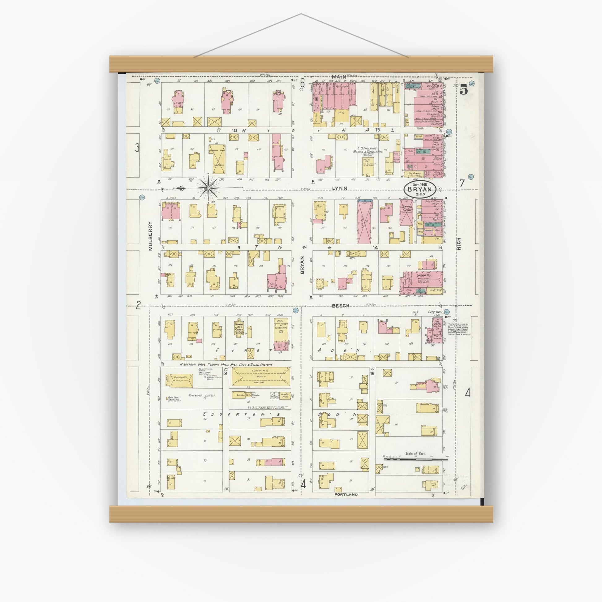 Old map wall art mockup — magnetic wood frame on white wall — Sanborn Fire Insurance Map from Bryan, Williams County, Ohio (1905), Sheet #0005