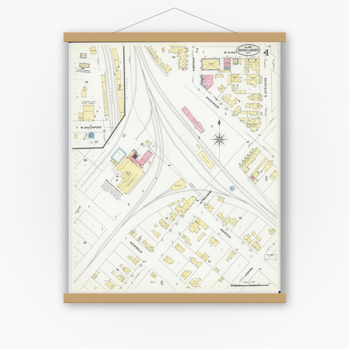 Old map wall art mockup — magnetic wood frame on white wall — Sanborn Fire Insurance Map from Rhinelander, Oneida County, Wisconsin (1908), Sheet #0004
