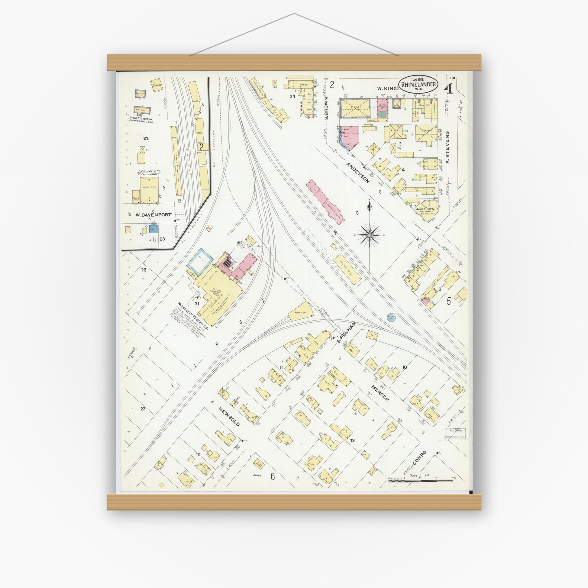 Old map wall art mockup — magnetic wood frame on white wall — Sanborn Fire Insurance Map from Rhinelander, Oneida County, Wisconsin (1908), Sheet #0004