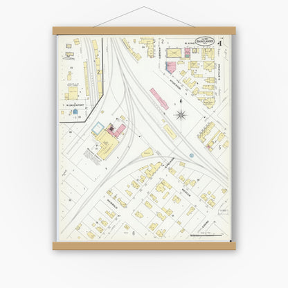 Old map wall art mockup — magnetic wood frame on white wall — Sanborn Fire Insurance Map from Rhinelander, Oneida County, Wisconsin (1908), Sheet #0004