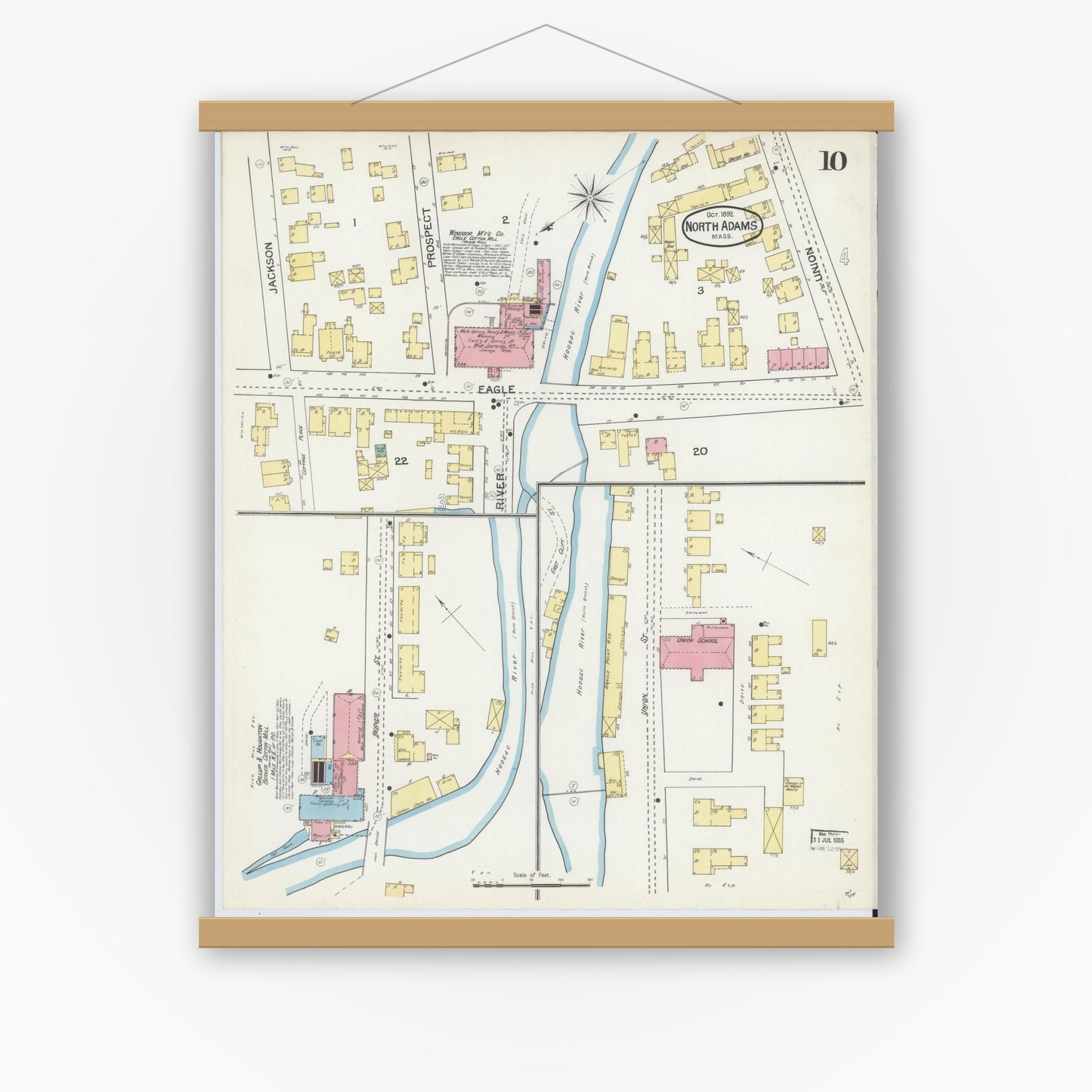 Old map wall art mockup — magnetic wood frame on white wall — Sanborn Fire Insurance Map from North Adams, Berkshire County, Massachusetts (1892), Sheet #0010