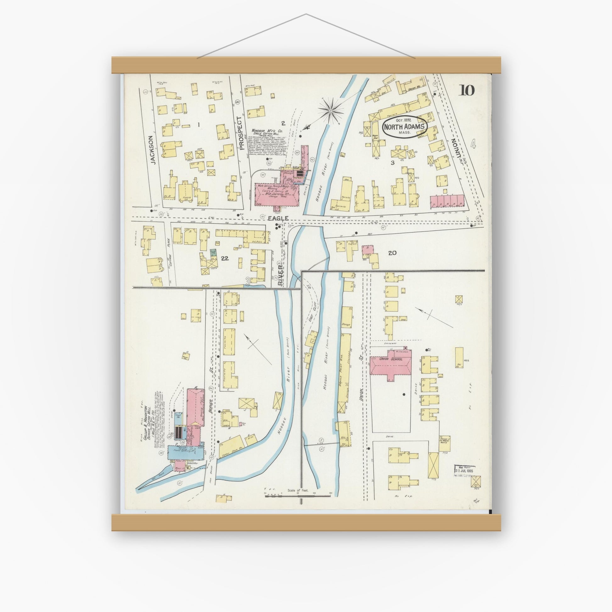 Old map wall art mockup — magnetic wood frame on white wall — Sanborn Fire Insurance Map from North Adams, Berkshire County, Massachusetts (1892), Sheet #0010