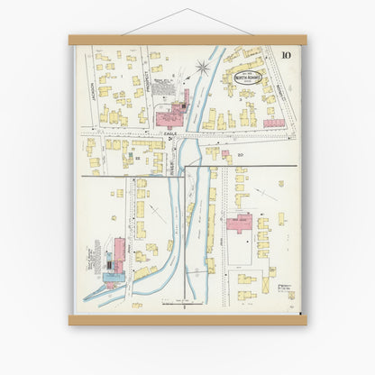 Old map wall art mockup — magnetic wood frame on white wall — Sanborn Fire Insurance Map from North Adams, Berkshire County, Massachusetts (1892), Sheet #0010