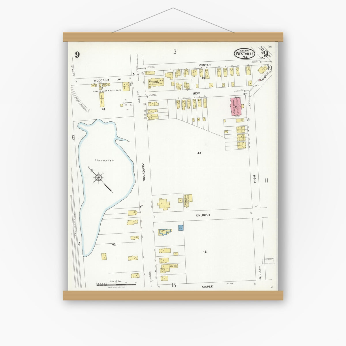 Old map wall art mockup — magnetic wood frame on white wall — Sanborn Fire Insurance Map from Westville, Gloucester County, New Jersey (1926), Sheet #0009