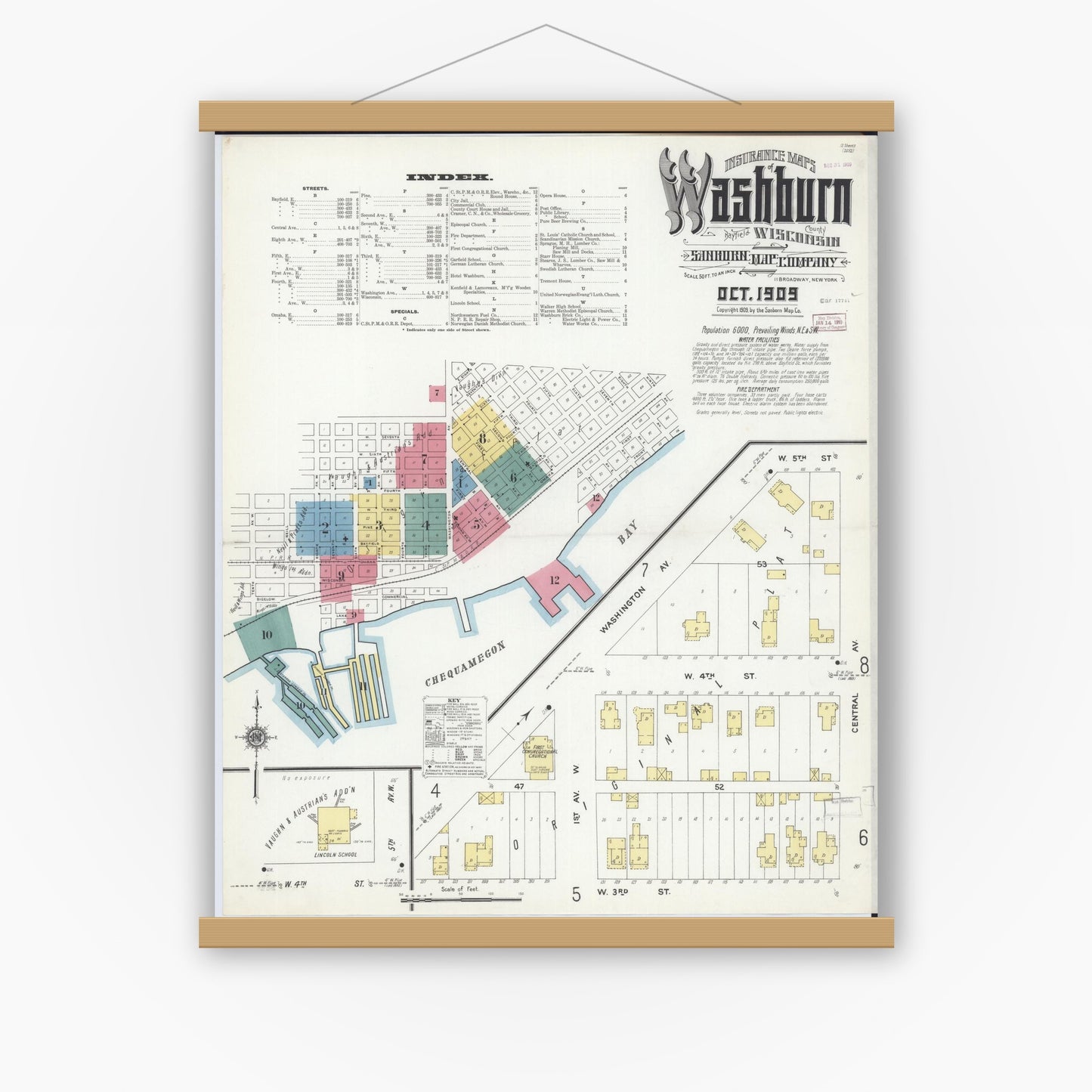 Old map wall art mockup — magnetic wood frame on white wall — Sanborn Fire Insurance Map from Washburn, Bayfield County, Wisconsin (1909) - Complete Map Set