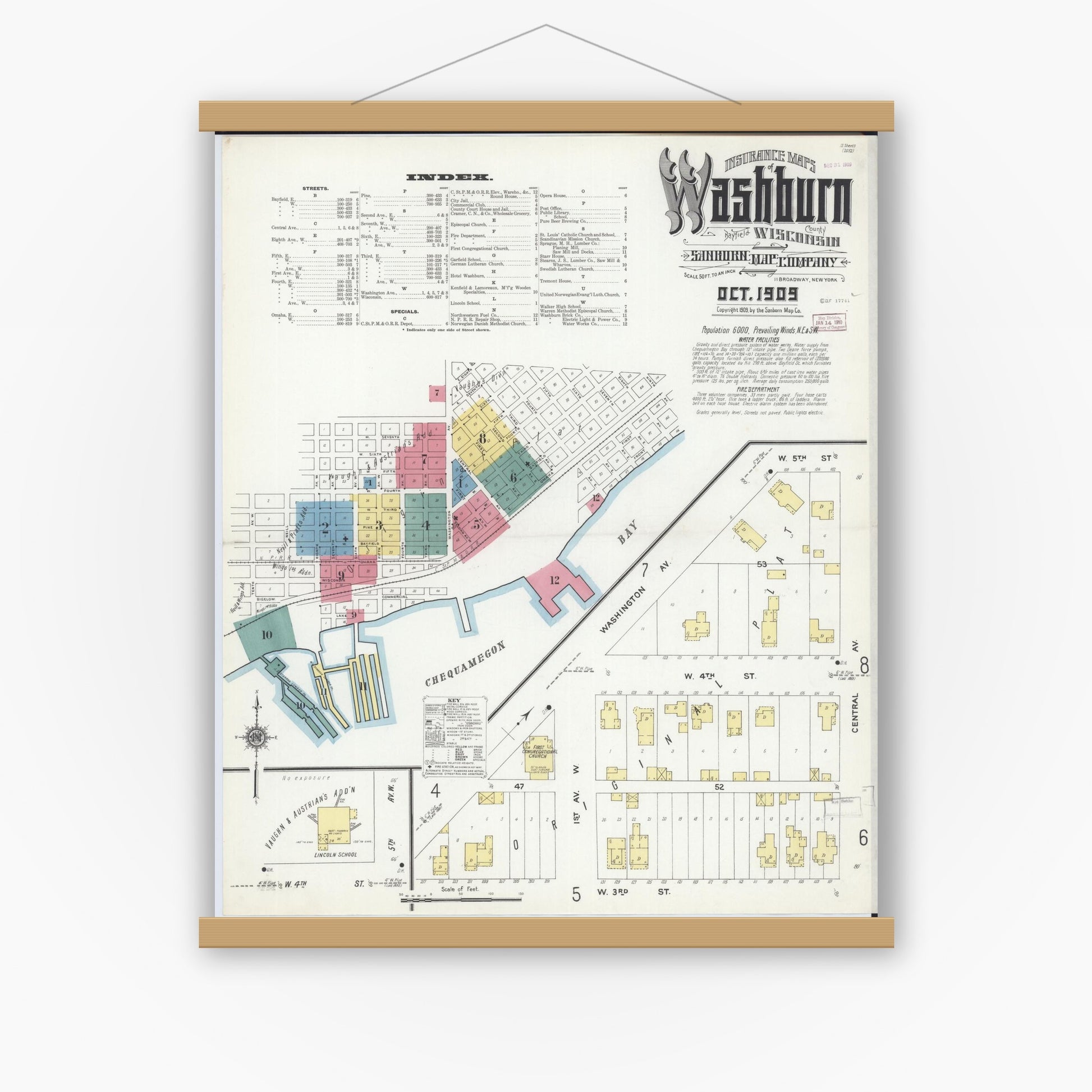 Old map wall art mockup — magnetic wood frame on white wall — Sanborn Fire Insurance Map from Washburn, Bayfield County, Wisconsin (1909) - Complete Map Set