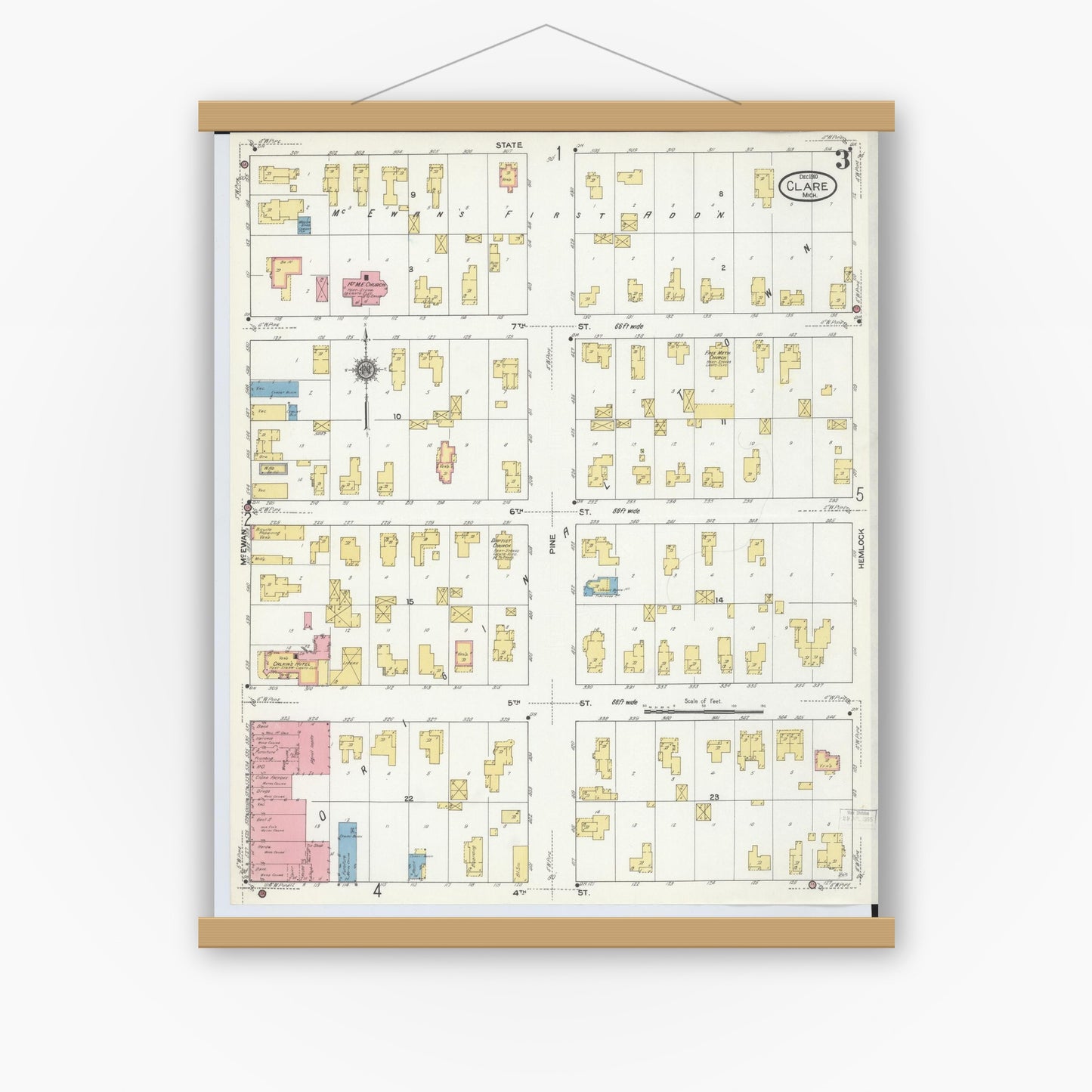 Old map wall art mockup — magnetic wood frame on white wall — Sanborn Fire Insurance Map from Clare, Clare County, Michigan (1910), Sheet #0003