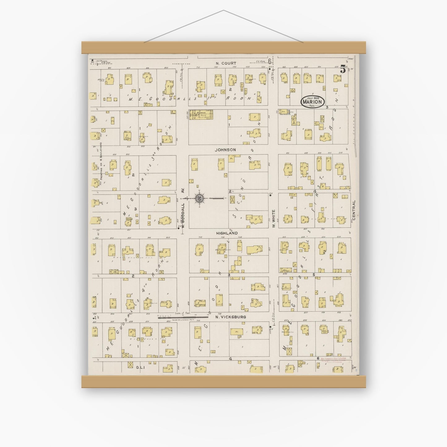 Old map wall art mockup — magnetic wood frame on white wall — Sanborn Fire Insurance Map from Marion, Williamson County, Illinois (1922), Sheet #0005