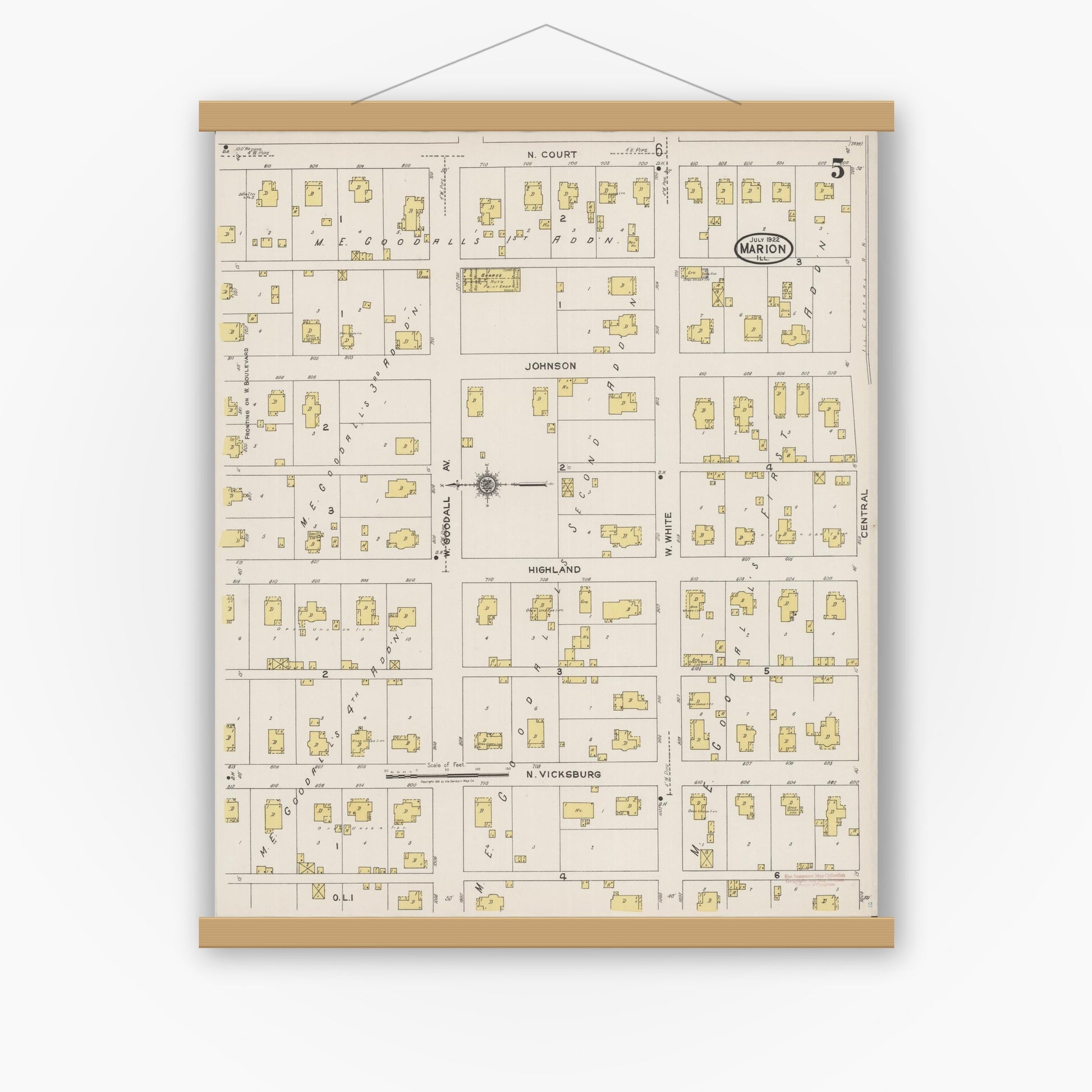 Old map wall art mockup — magnetic wood frame on white wall — Sanborn Fire Insurance Map from Marion, Williamson County, Illinois (1922), Sheet #0005