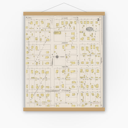 Old map wall art mockup — magnetic wood frame on white wall — Sanborn Fire Insurance Map from Marion, Williamson County, Illinois (1922), Sheet #0005