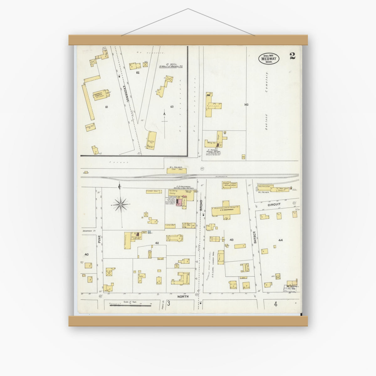 Old map wall art mockup — magnetic wood frame on white wall — Sanborn Fire Insurance Map from Medway, Norfolk County, Massachusetts (1903), Sheet #0002