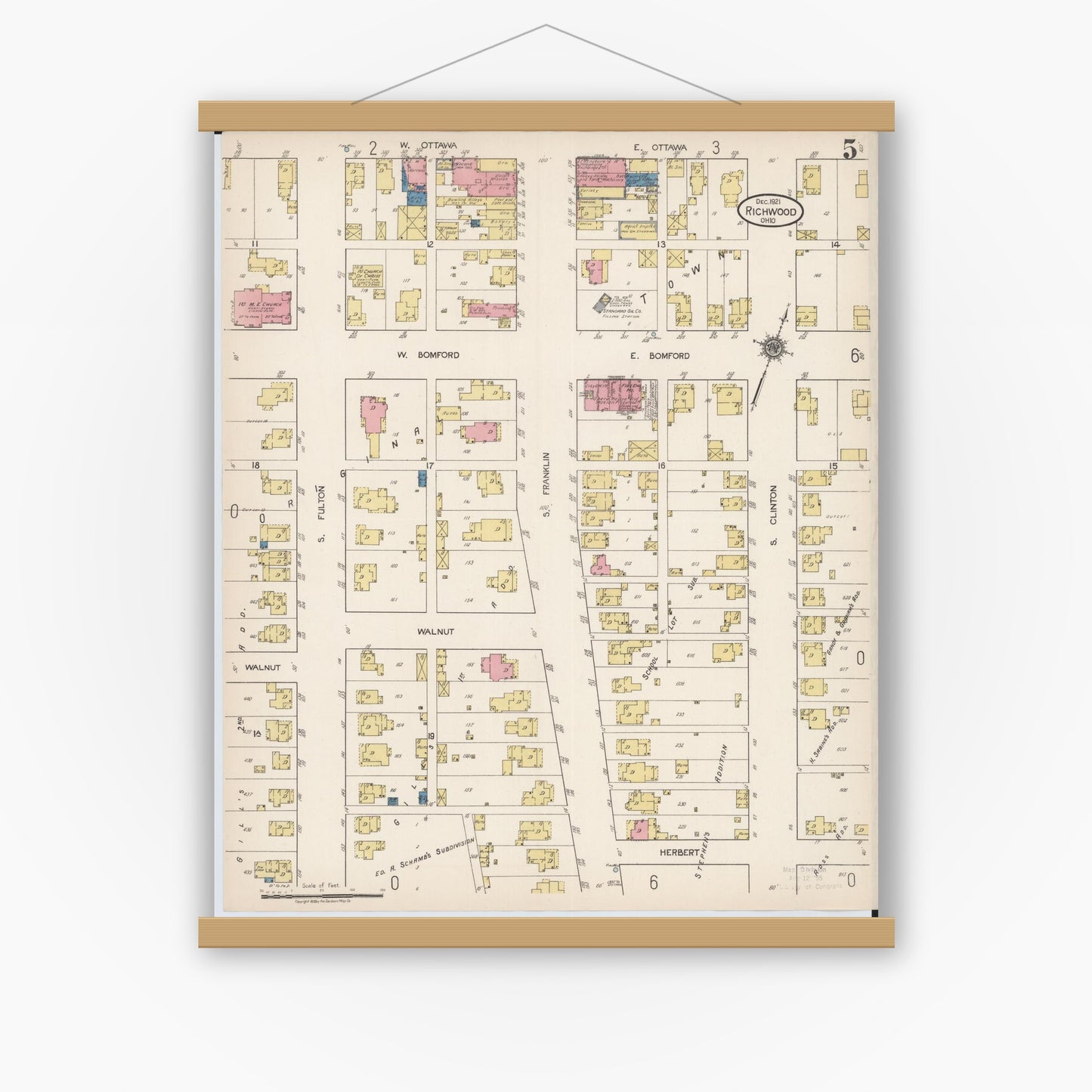 Old map wall art mockup — magnetic wood frame on white wall — Sanborn Fire Insurance Map from Richwood, Union County, Ohio (1921), Sheet #0005