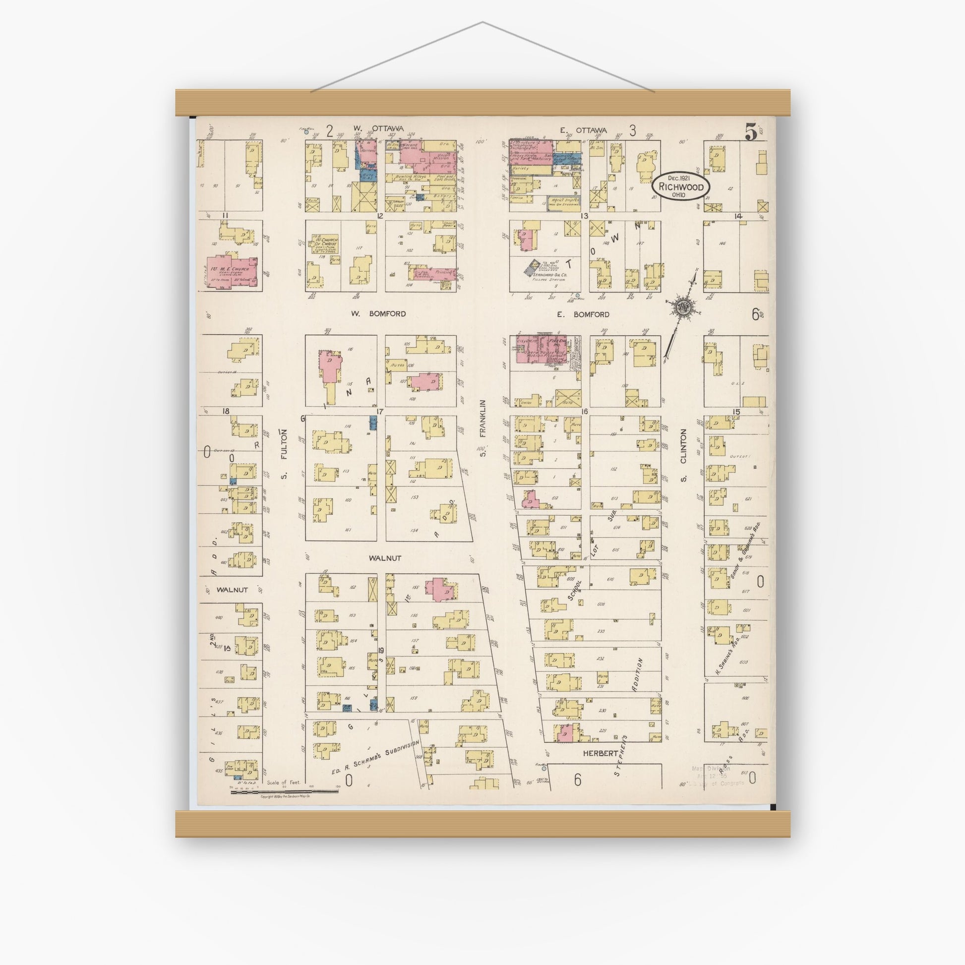 Old map wall art mockup — magnetic wood frame on white wall — Sanborn Fire Insurance Map from Richwood, Union County, Ohio (1921), Sheet #0005