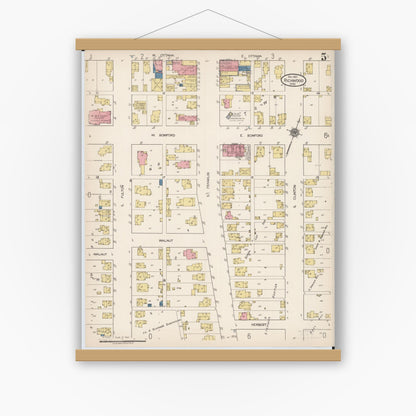 Old map wall art mockup — magnetic wood frame on white wall — Sanborn Fire Insurance Map from Richwood, Union County, Ohio (1921), Sheet #0005
