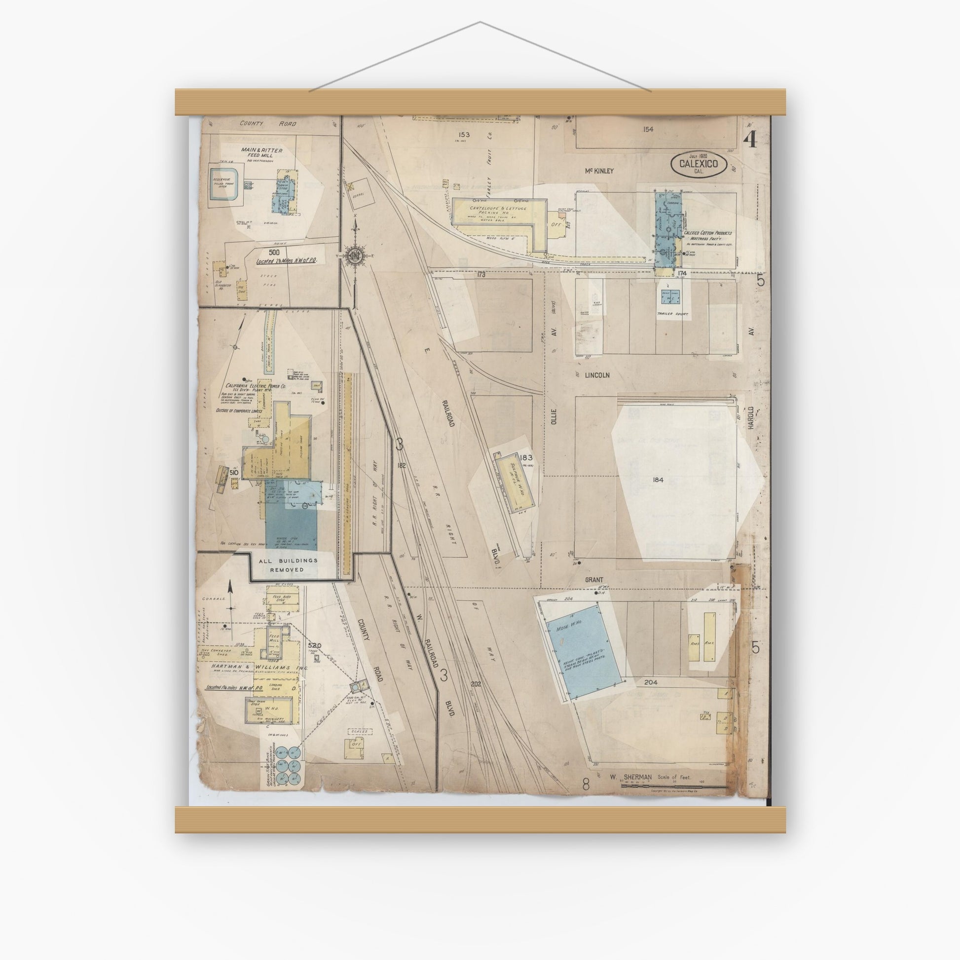 Old map wall art mockup — magnetic wood frame on white wall — Sanborn Fire Insurance Map from Calexico, Imperial County, California (1956), Sheet #0004