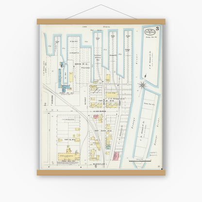 Old map wall art mockup — magnetic wood frame on white wall — Sanborn Fire Insurance Map from Oswego, Oswego County, New York (1897), Sheet #0003