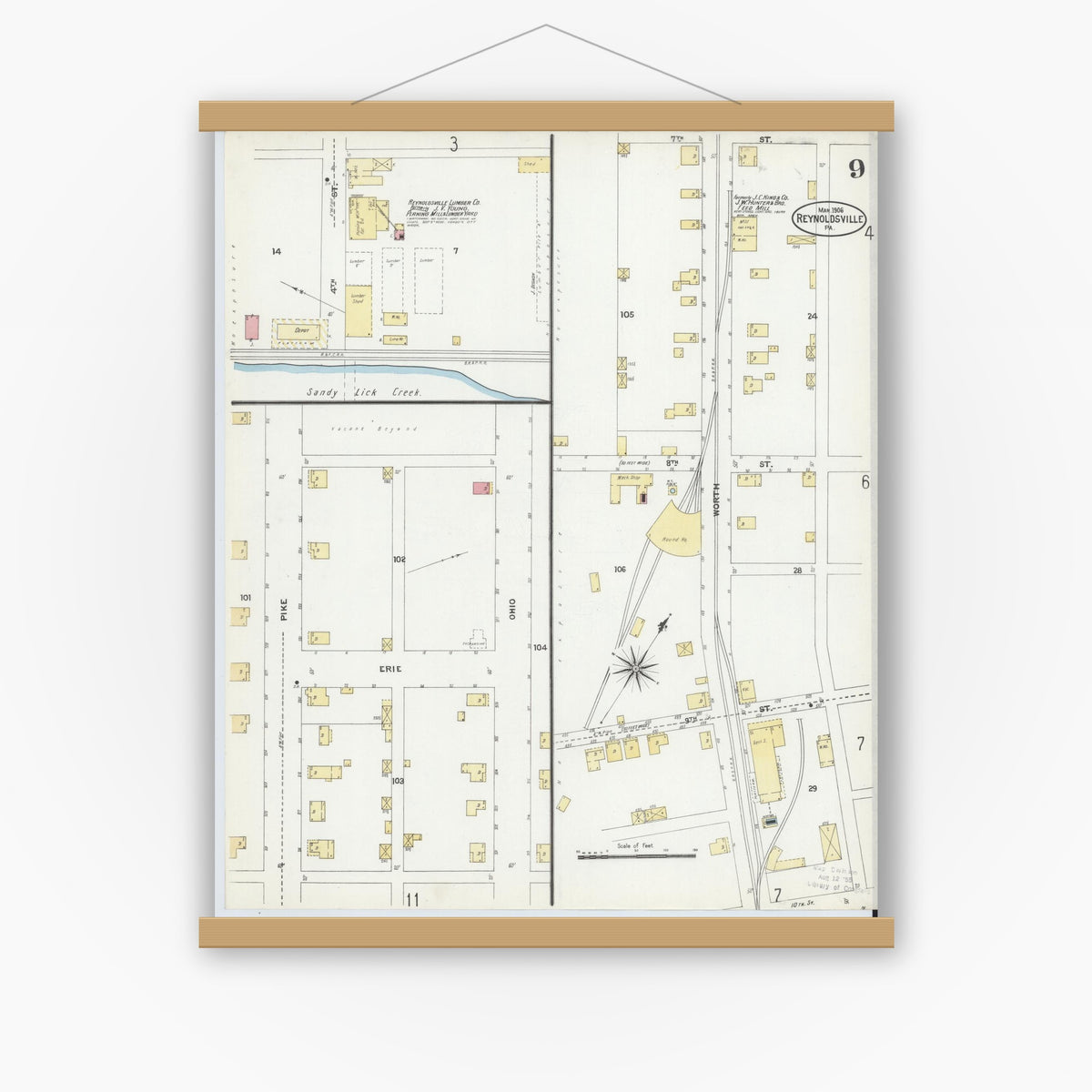 Old map wall art mockup — magnetic wood frame on white wall — Sanborn Fire Insurance Map from Reynoldsville, Jefferson County, Pennsylvania (1906), Sheet #0009