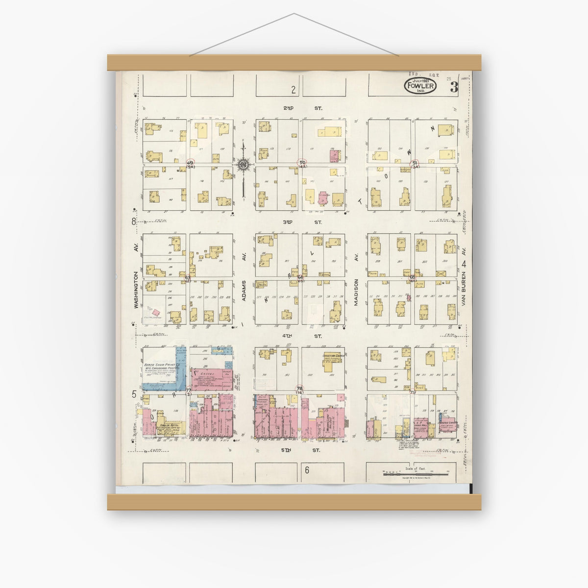 Old map wall art mockup — magnetic wood frame on white wall — Sanborn Fire Insurance Map from Fowler, Benton County, Indiana (1932), Sheet #0003