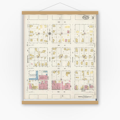 Old map wall art mockup — magnetic wood frame on white wall — Sanborn Fire Insurance Map from Fowler, Benton County, Indiana (1932), Sheet #0003