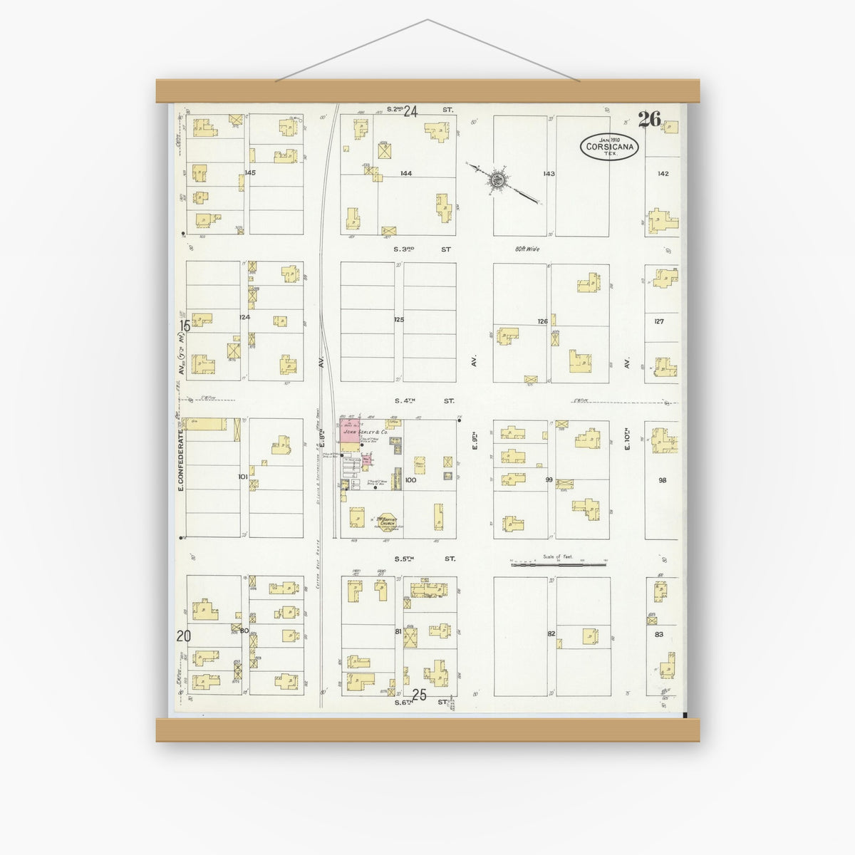 Old map wall art mockup — magnetic wood frame on white wall — Sanborn Map from Corsicana, Navarro County, Texas (1910), Sheet #0026