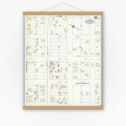 Old map wall art mockup — magnetic wood frame on white wall — Sanborn Map from Corsicana, Navarro County, Texas (1910), Sheet #0026