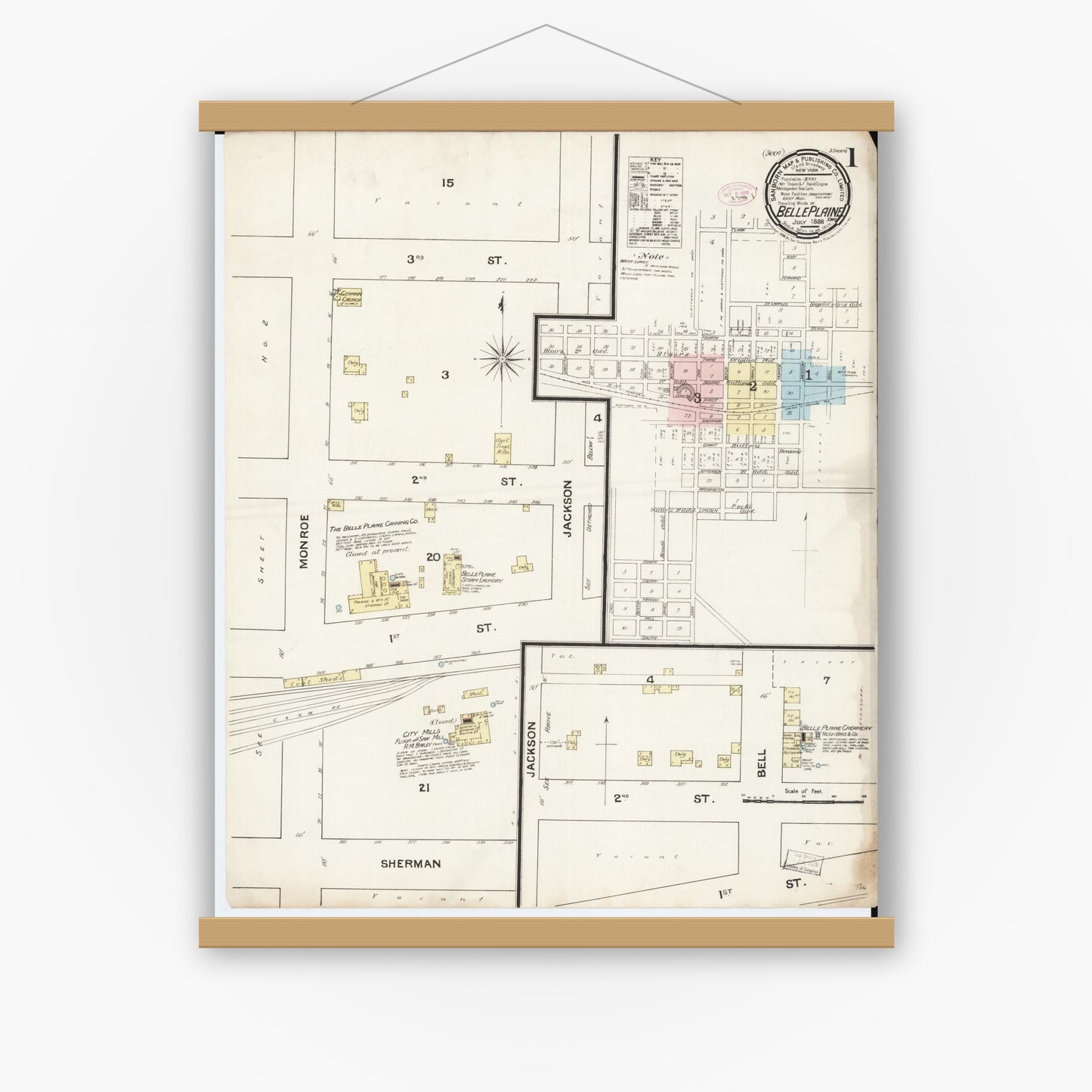 Old map wall art mockup — magnetic wood frame on white wall — Sanborn Fire Insurance Map from Belle Plaine, Benton County, Iowa (1888), Sheet #0001