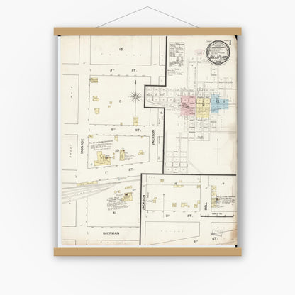 Old map wall art mockup — magnetic wood frame on white wall — Sanborn Fire Insurance Map from Belle Plaine, Benton County, Iowa (1888), Sheet #0001