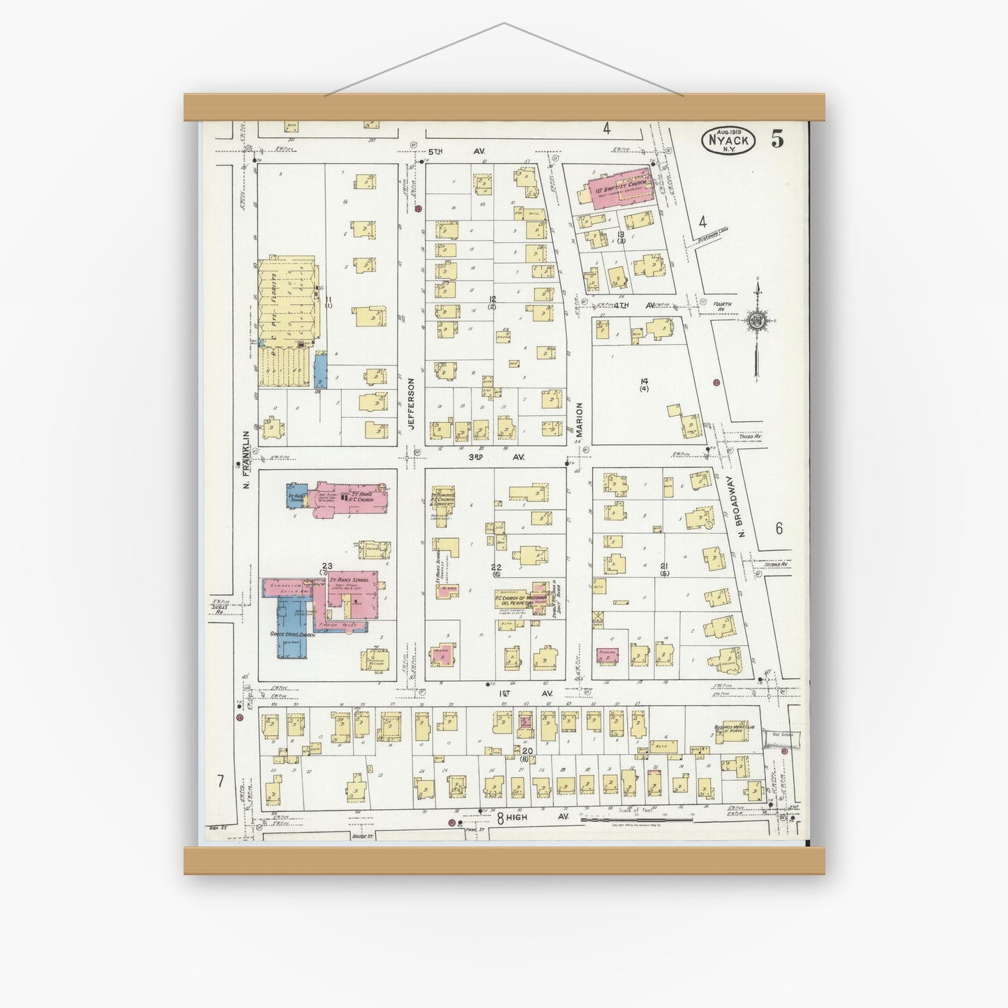 Old map wall art mockup — magnetic wood frame on white wall — Sanborn Fire Insurance Map from Nyack, Rockland County, New York. (1919), Sheet #0005