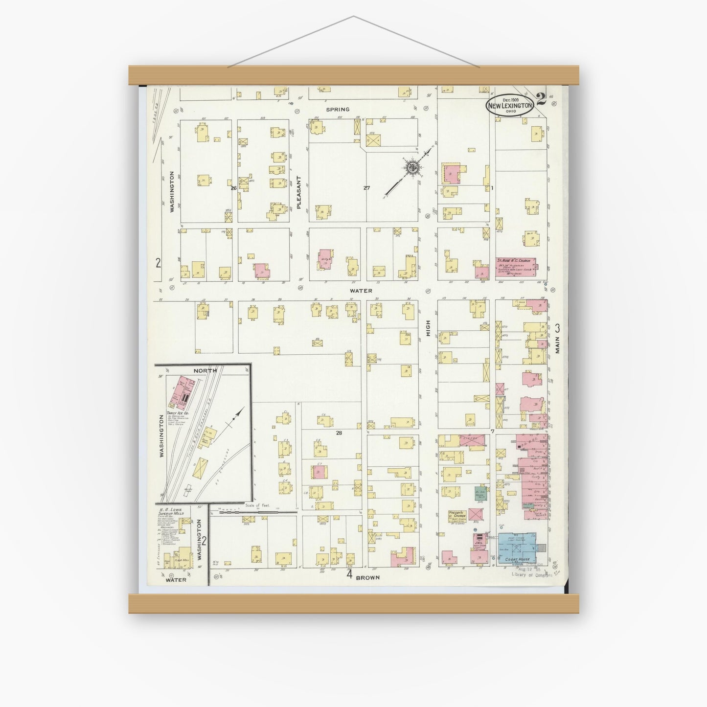 Old map wall art mockup — magnetic wood frame on white wall — Sanborn Fire Insurance Map from New Lexington, Perry County, Ohio (1909), Sheet #0002