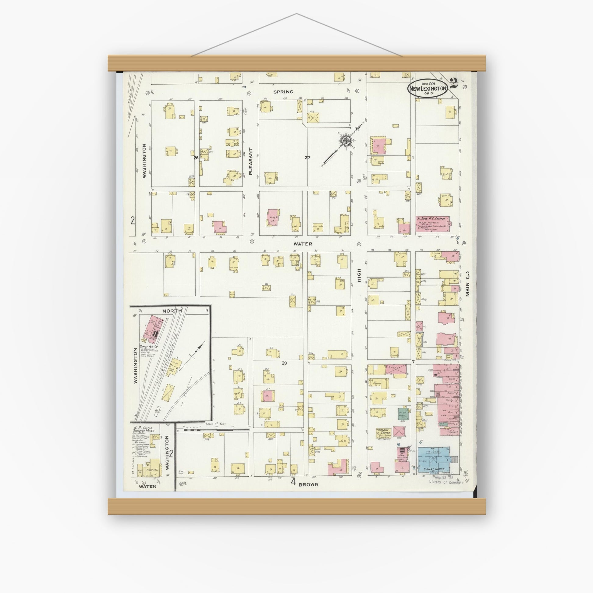 Old map wall art mockup — magnetic wood frame on white wall — Sanborn Fire Insurance Map from New Lexington, Perry County, Ohio (1909), Sheet #0002