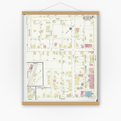 Old map wall art mockup — magnetic wood frame on white wall — Sanborn Fire Insurance Map from New Lexington, Perry County, Ohio (1909), Sheet #0002
