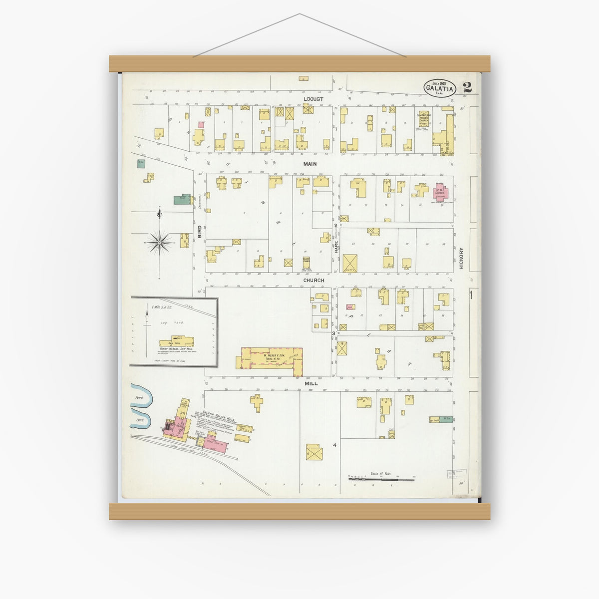 Old map wall art mockup — magnetic wood frame on white wall — Sanborn Fire Insurance Map from Galatia, Saline County, Illinois (1902), Sheet #0002