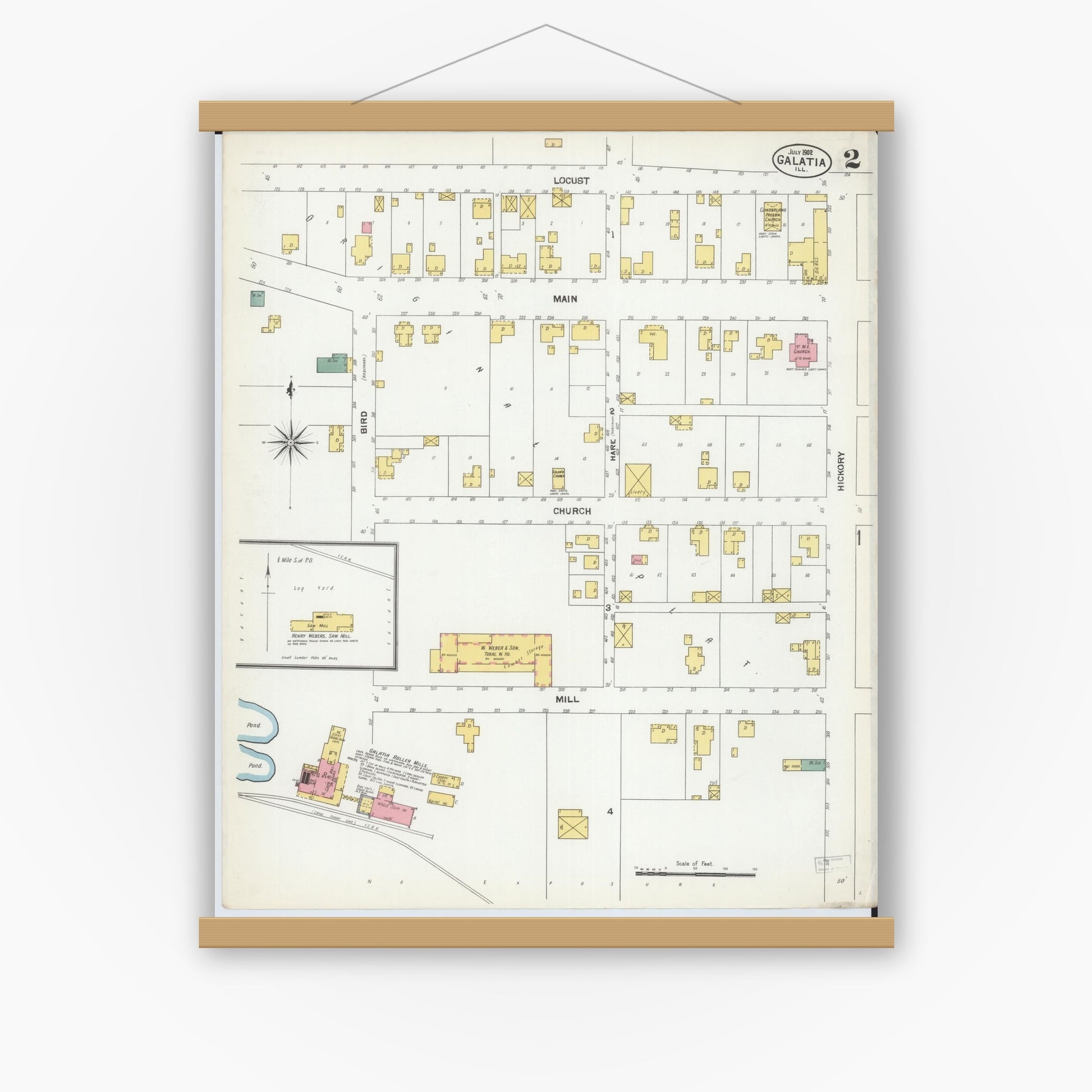 Old map wall art mockup — magnetic wood frame on white wall — Sanborn Fire Insurance Map from Galatia, Saline County, Illinois (1902), Sheet #0002