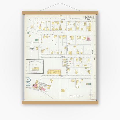 Old map wall art mockup — magnetic wood frame on white wall — Sanborn Fire Insurance Map from Galatia, Saline County, Illinois (1902), Sheet #0002
