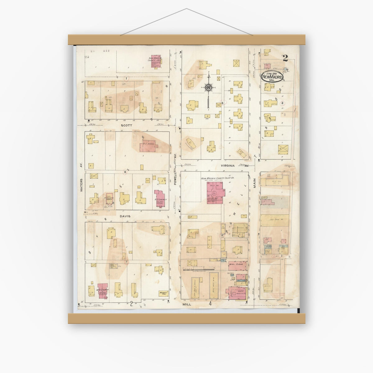 Old map wall art mockup — magnetic wood frame on white wall — Sanborn Fire Insurance Map from New Madrid, New Madrid County, Missouri (1943), Sheet #0002