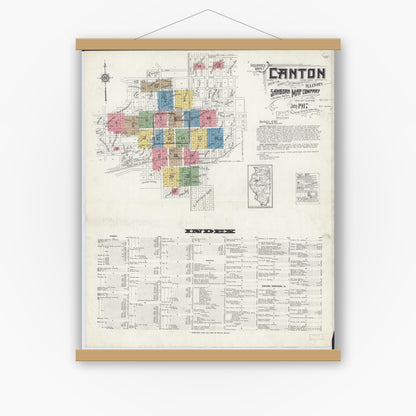 Old map wall art mockup — magnetic wood frame on white wall — Sanborn Fire Insurance Map from Canton, Fulton County, Illinois (1917), Sheet #0001